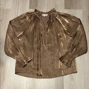 Entro Ruffled Collar V Neck Satin Brown Bronze Metallic Blouse Sz Small